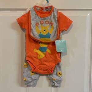 NWT 0/3M Disney Orange/GrayYellow Winnie the Pooh 3-piece Outfit.  Retail 24.00